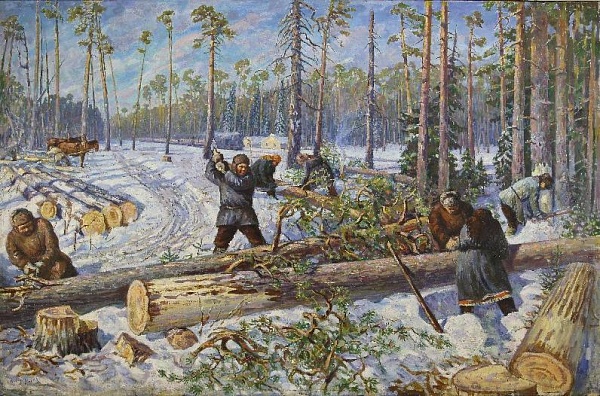 Картина «Заготовка древесины в лесу»